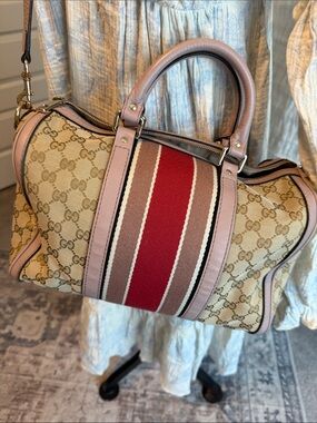 Gucci Beige GG Canvas Satchel with Pink Trim and Red Center Stripe
